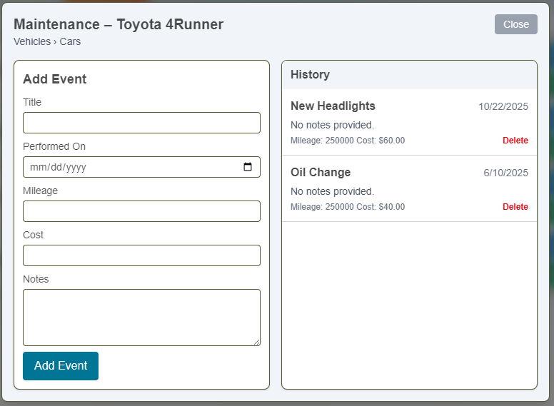 Maintenance dashboard overview